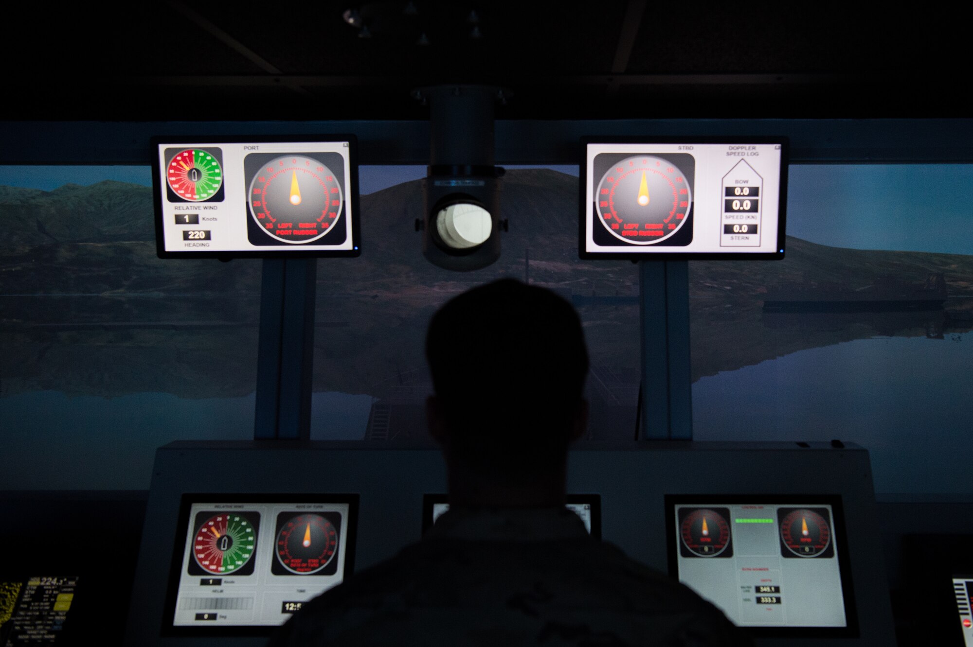 A U.S. Army Soldier trains on the Full Mission Bridge at the U.S. Army Transportation School, Maritime & Intermodal Training Department at Joint Base Langley-Eustis, Virginia, April 1, 2019.