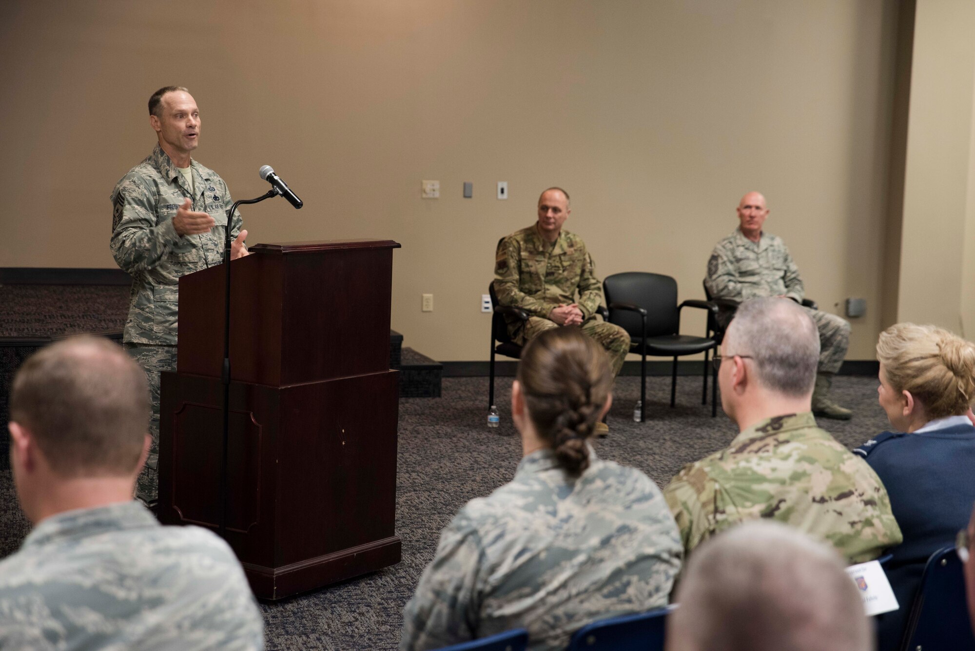 Chief Master Sgt. Donald E. Frederick, 188th Wing command chief master sergeant, addresses members of the 188th Wing during a change of responsibility ceremony at Ebbing Air National Guard Base, Fort Smith, Ark., April. 7, 2019. Frederick takes over responsibility as 188th Wing command chief from Chief Master Sgt. Stephen R. Bradley who served in that role for 6 years. (U.S. Air National Guard photo by Tech. Sgt. Daniel Condit)
