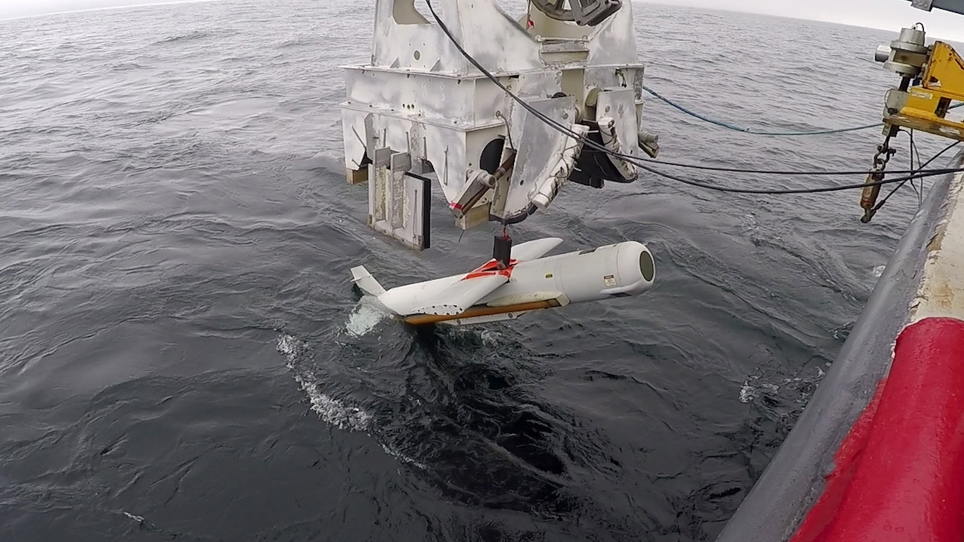 The AN/AQS-20C Towed Mine-hunting Sonar is streamed into Gulf of Mexico waters of the Naval Surface Warfare Center Panama City Division Gulf test range. Developmental Testing was completed on Feb. 12, 2019.