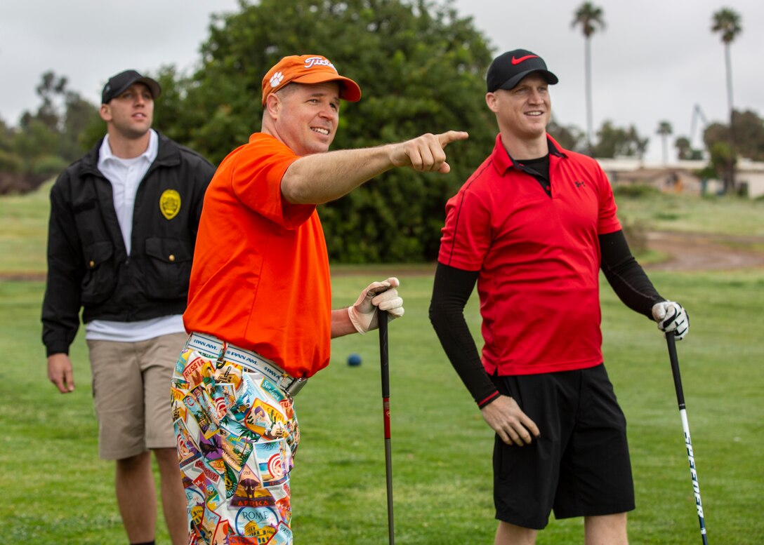 Marines and first responders watch as colleagues participate in the community golfing event with San Diego Police Northeastern Division and Marines with Marine Corps Air Station Miramar, Calif., April 5. The 2019 golf tournament was hosted in honor of America’s first responders. The event consisted mostly of active duty military members, veterans, firefighters and the San Diego Police Department. (U.S. Marine Corps photo by Cpl. Nadia J. Stark)