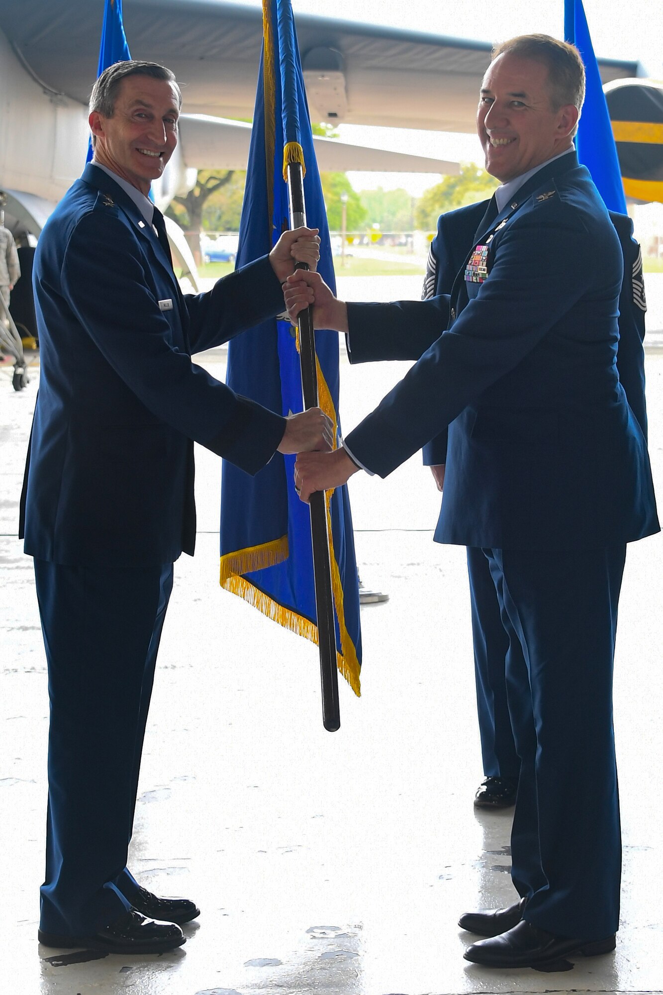 Three new commanders were inducted during the 307th Bomb Wing’s unit training assembly at Barksdale Air Force Base, Louisiana, April 6-7, 2019.  U.S. Air Force Col. Steven W. Kirkpatrick became the new wing commander, Lt. Col. Christopher L. Chandler became commander of the 93rd Bomb Squadron and Lt. Col. Michael A. Green, Jr., took command of the 343rd Bomb Squadron. (U.S. Air Force photo by Airman 1st Class Max Daigle)