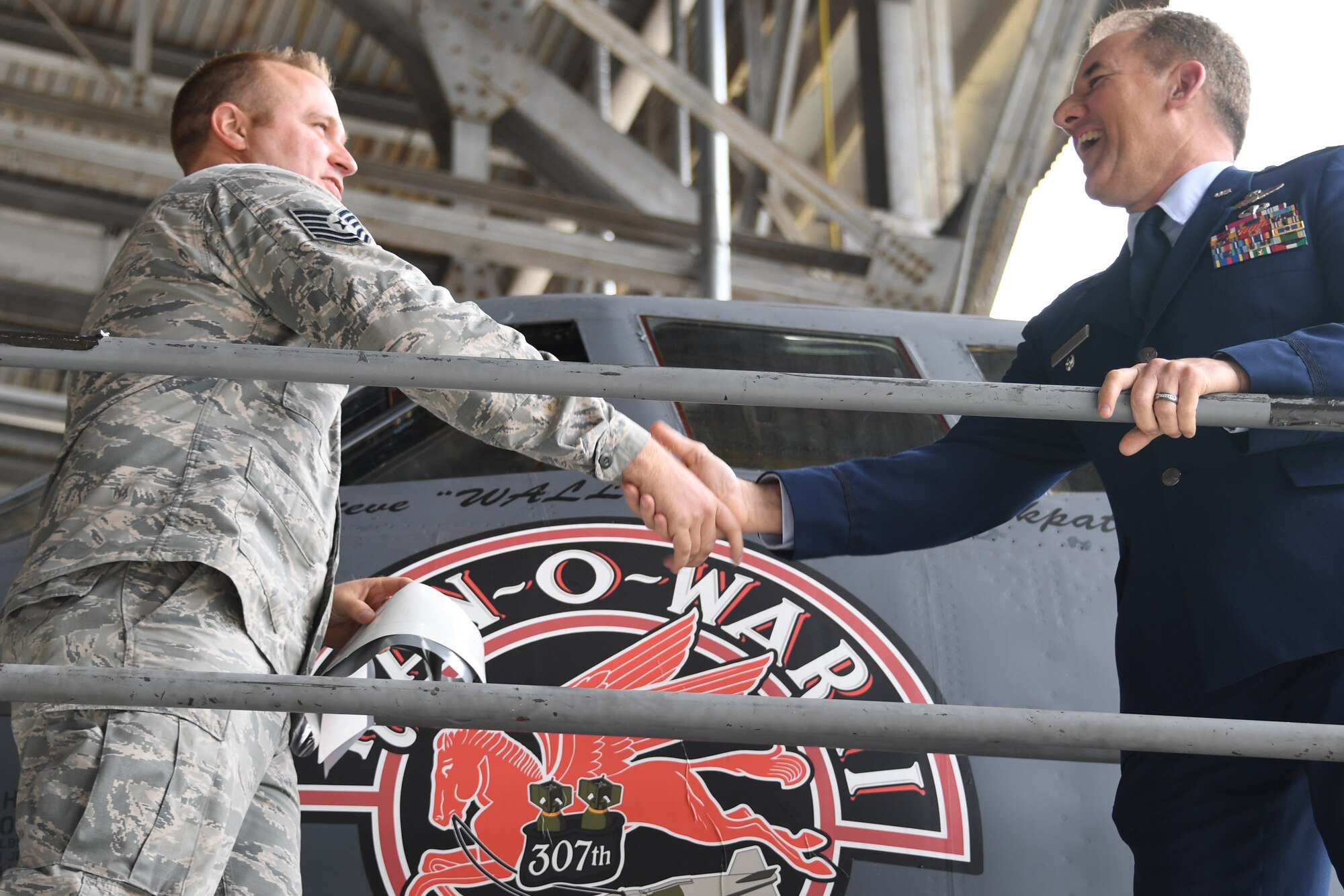 Three new commanders were inducted during the 307th Bomb Wing’s unit training assembly at Barksdale Air Force Base, Louisiana, April 6-7, 2019.  U.S. Air Force Col. Steven W. Kirkpatrick became the new wing commander, Lt. Col. Christopher L. Chandler became commander of the 93rd Bomb Squadron and Lt. Col. Michael A. Green, Jr., took command of the 343rd Bomb Squadron. (U.S. Air Force photo by Airman 1st Class Max Daigle)