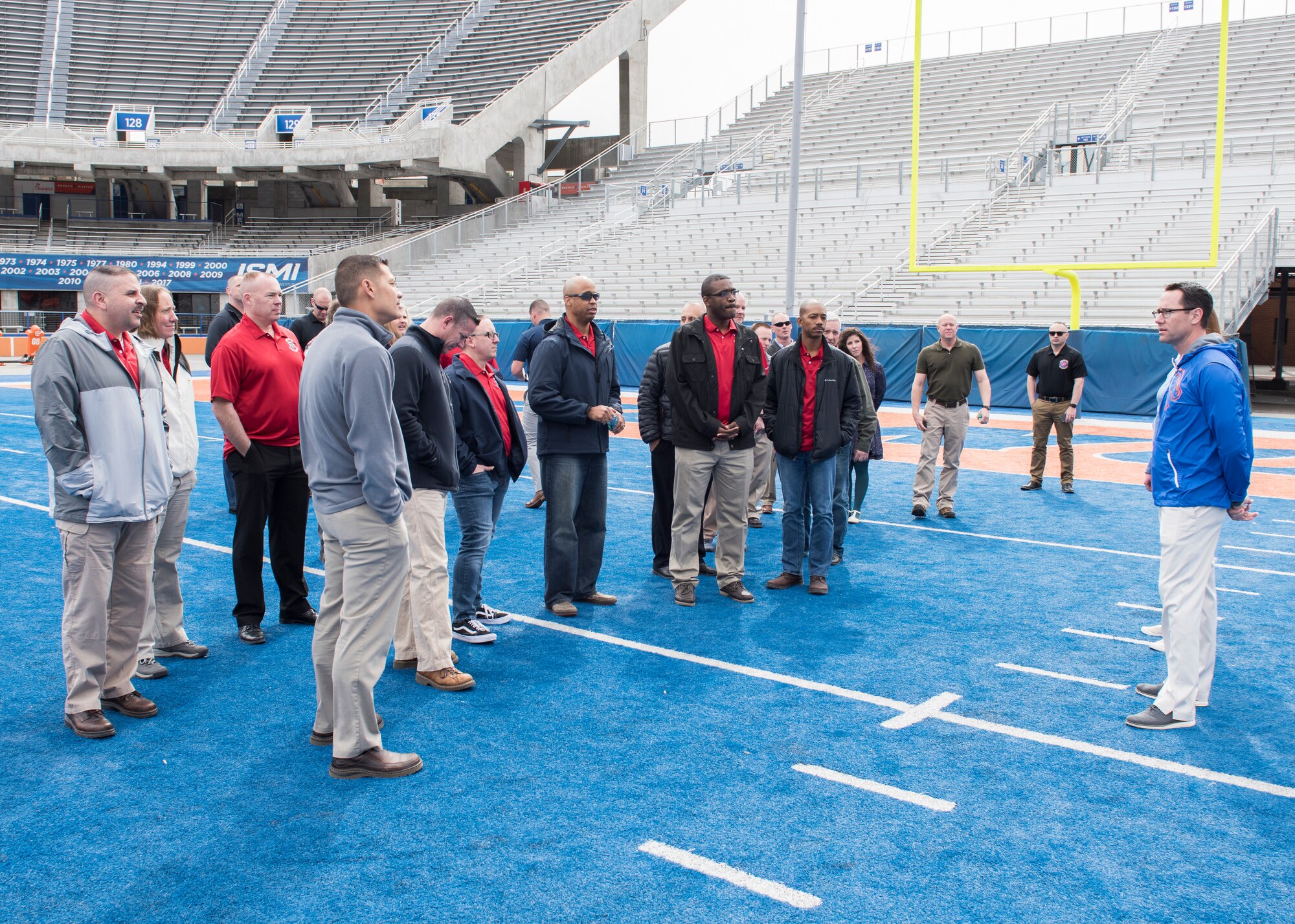 Chiefs from Mountain Home Air Force Base visit the Boise State University football field during the the professional developement seminar March 22, 2019, at BSU. The seminar was held to educate chiefs on cross-generation communication effectiveness. (U.S. Air Force photo by Senior Airman Tyrell Hall)