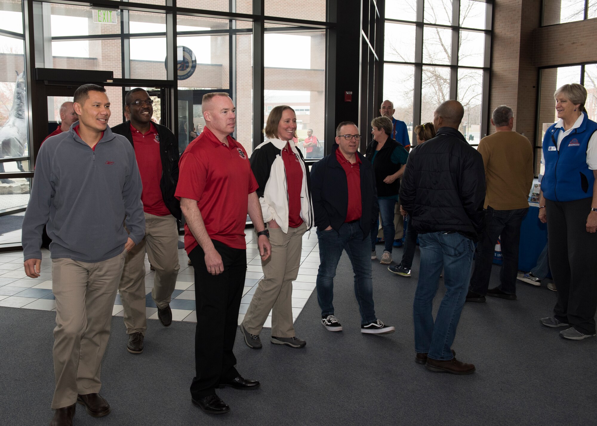 Chiefs from Mountain Home Air Force Base enter the Hall of fame during the the professional developement seminar March 22, 2019, at Boise State University. The seminar was held to educate chiefs on cross-generation communication effectiveness. (U.S. Air Force photo by Senior Airman Tyrell Hall)