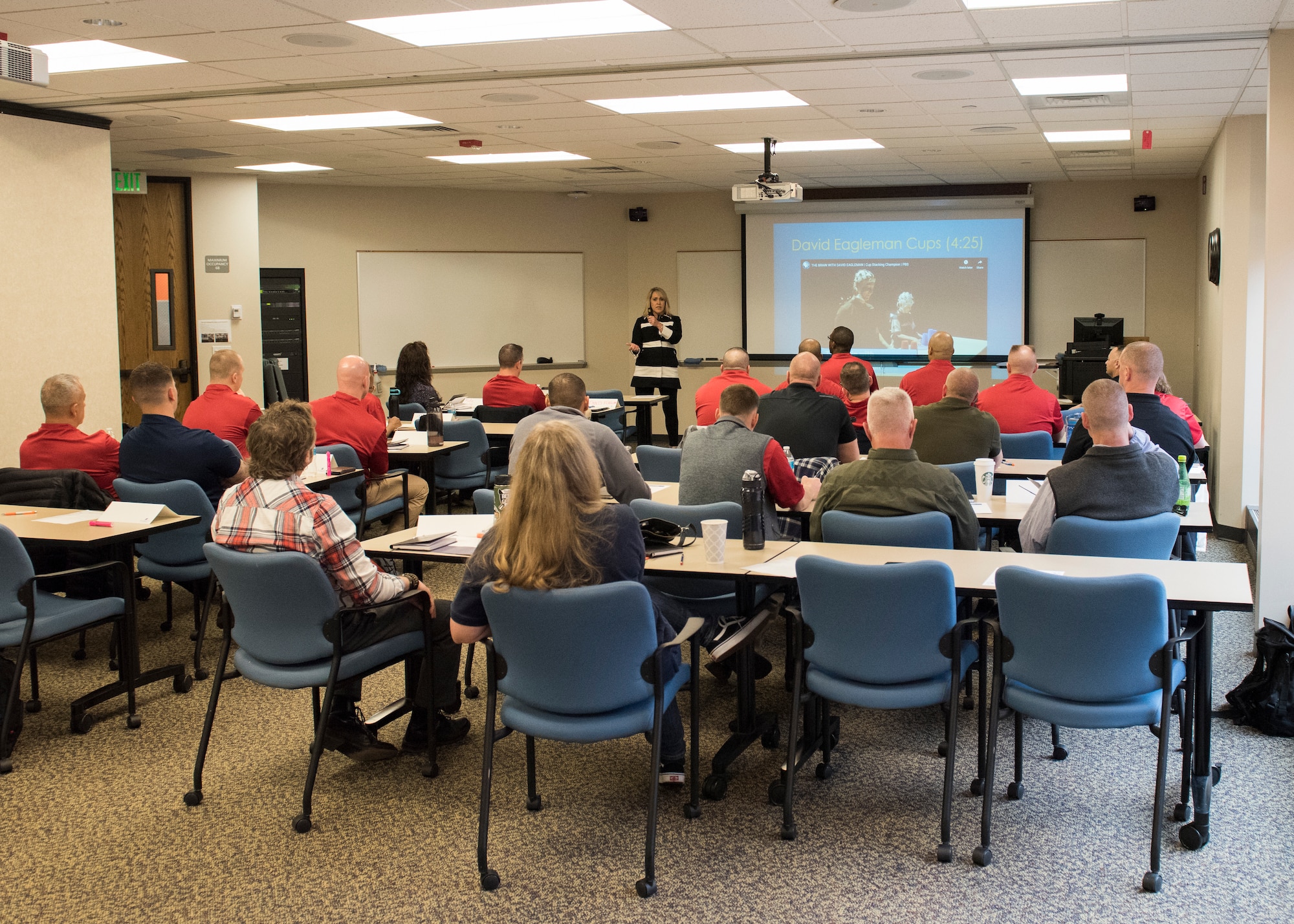 Chiefs from Mountain Home Air Force Base learn from Carol Barkes, Boise State University neuro peak specialist, during the professional development seminar March 22, 2019, at BSU. The seminar was held to educate chiefs on cross-generation communication effectiveness. (U.S. Air Force photo by Senior Airman Tyrell Hall)