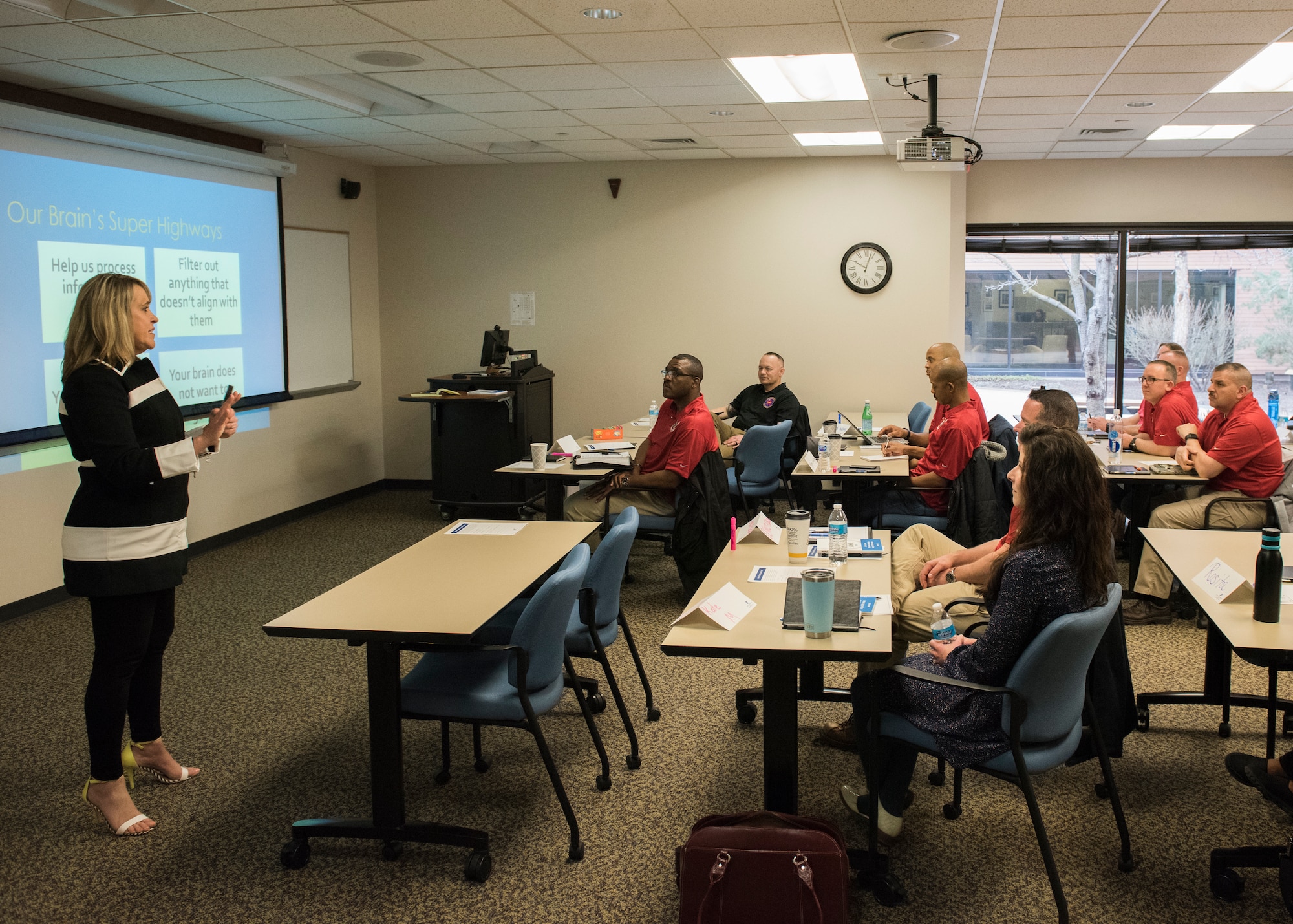 Chiefs from Mountain Home Air Force Base learn from Carol Barkes, Boise State University neuro peak specialist, during the professional development seminar March 22, 2019, at BSU. The seminar was held to educate chiefs on cross-generation communication effectiveness. (U.S. Air Force photo by Senior Airman Tyrell Hall)