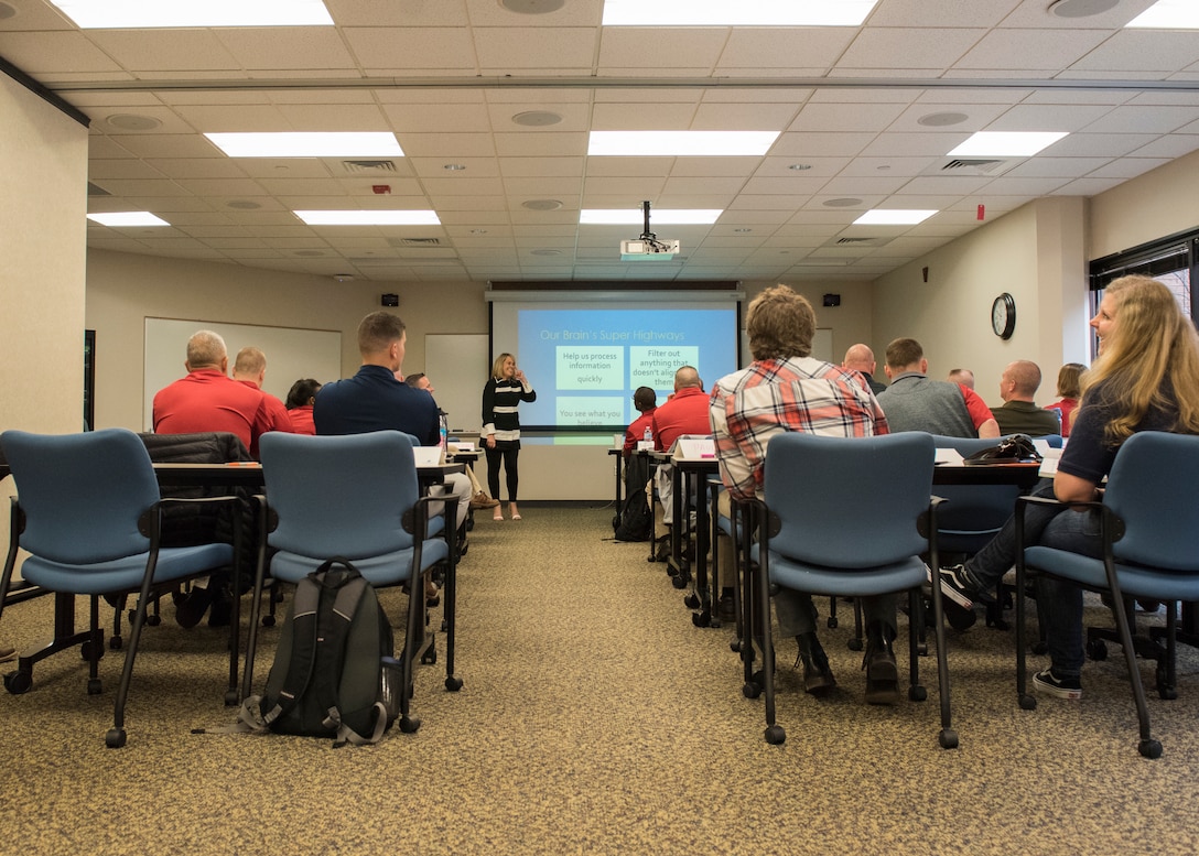 Chiefs from Mountain Home Air Force Base learn from Carol Barkes, Boise State University neuro peak specialist, during the professional development seminar March 22, 2019, at BSU. The seminar was held to educate chiefs on cross-generation communication effectiveness. (U.S. Air Force photo by Senior Airman Tyrell Hall)