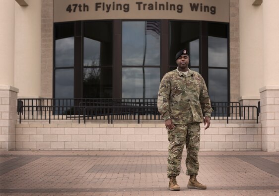Chief Master Sgt. Robert L. Zackery III, 47th Flying Training Wing command chief master sergeant, from Chattanooga, Tennessee, Zackery has served in the Air Force nearly 23 years, gathering numerous values as well as experience during that time. Summing up what Zackery stands for is performance, hard work, ownership and fairness. He is against ego, laziness, discrimination and incompetence. (U.S. Air Force photo by Airman 1st Class Anne McCready)