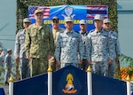 PHUKET, THAILAND (April 7, 2019) - U.S. and Royal Thai Navy leaders stand together during the opening ceremony for Guardian Sea 2019 on the flight deck of RTN frigate HTMS Bhumibol Adulyadej (FFG 471). Guardian Sea is a premier exercise that demonstrates both navies commitment to ensuring that they are ready to counter any threats together. (U.S. Navy photo by Mass Communication Specialist 2nd Class Christopher A. Veloicaza)