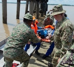 KUCHING, Malaysia (April 7,2019) – Malaysian first responders and Royal Air Force Reserves Flight Lieutenant John Carolan-Cullion, lift a civilian with simulated injuries from a boat during a field training exercise as part of Pacific Partnership 2019. The event gives local civil response units an opportunity to practice their reaction to a simulated flood disaster with the assistance of partner nation military personnel. Pacific Partnership, now in its 14th iteration, is the largest annual multinational humanitarian assistance and disaster relief preparedness mission conducted in the Indo-Pacific.