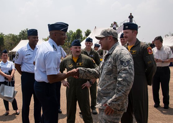 Staff Sgt. David Hinojosa, a 35th Communications Squadron cyber transport technician, recognized for his contributions during COPE Tiger 19 at Korat Royal Thai Air Force Base, Thailand, March 22, 2019.