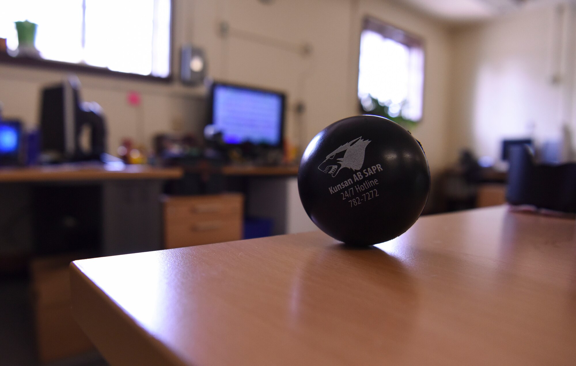 A Sexual Assault Prevention and Response stress ball sits in an office at Kunsan Air Base, Republic of Korea, April 8, 2019. The U.S. Air Force recognizes April as Sexual Assault Awareness and Prevention Month. (U.S. Air Force photo illustration by Senior Airman Savannah L. Waters)