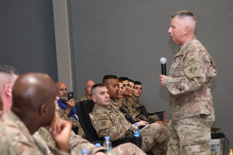 Lt. Gen. Todd T. Semonite, USACE Commanding General addresses a full house of USACE and Army engineers during a town hall held recently at Bagram Airfield.