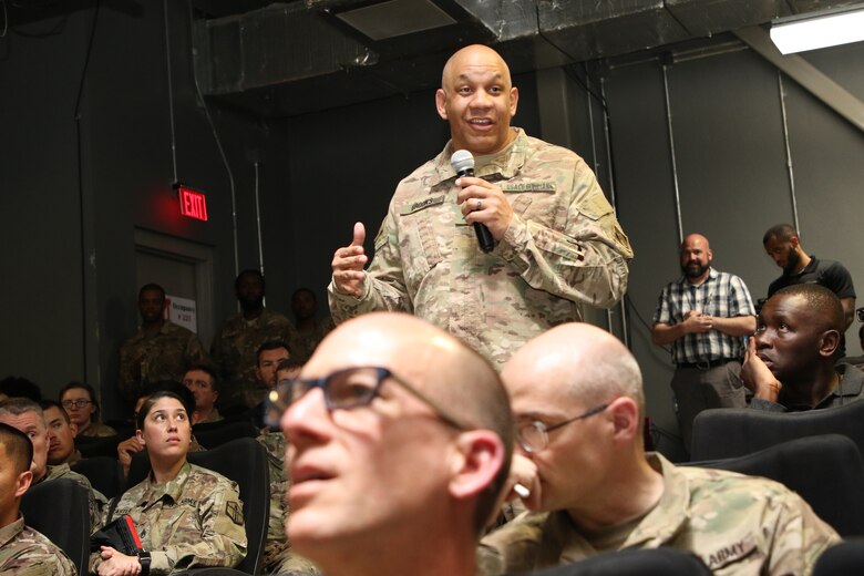 During the question and answer session of the town hall with Lt. Gen. Todd T. Semonite, the USACE Director of Information Management, Afghanistan District Chris Brooks asks a question regarding the latest “Semonote” distributed to USACE personnel.