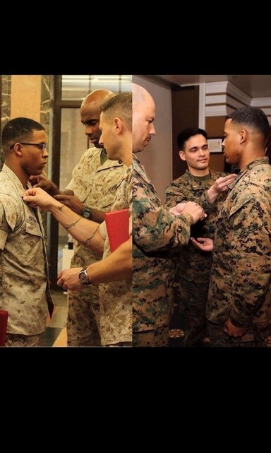 A split photo of Sgt. Carlito Maxwell showing both times he was promoted to the rank of Sgt.