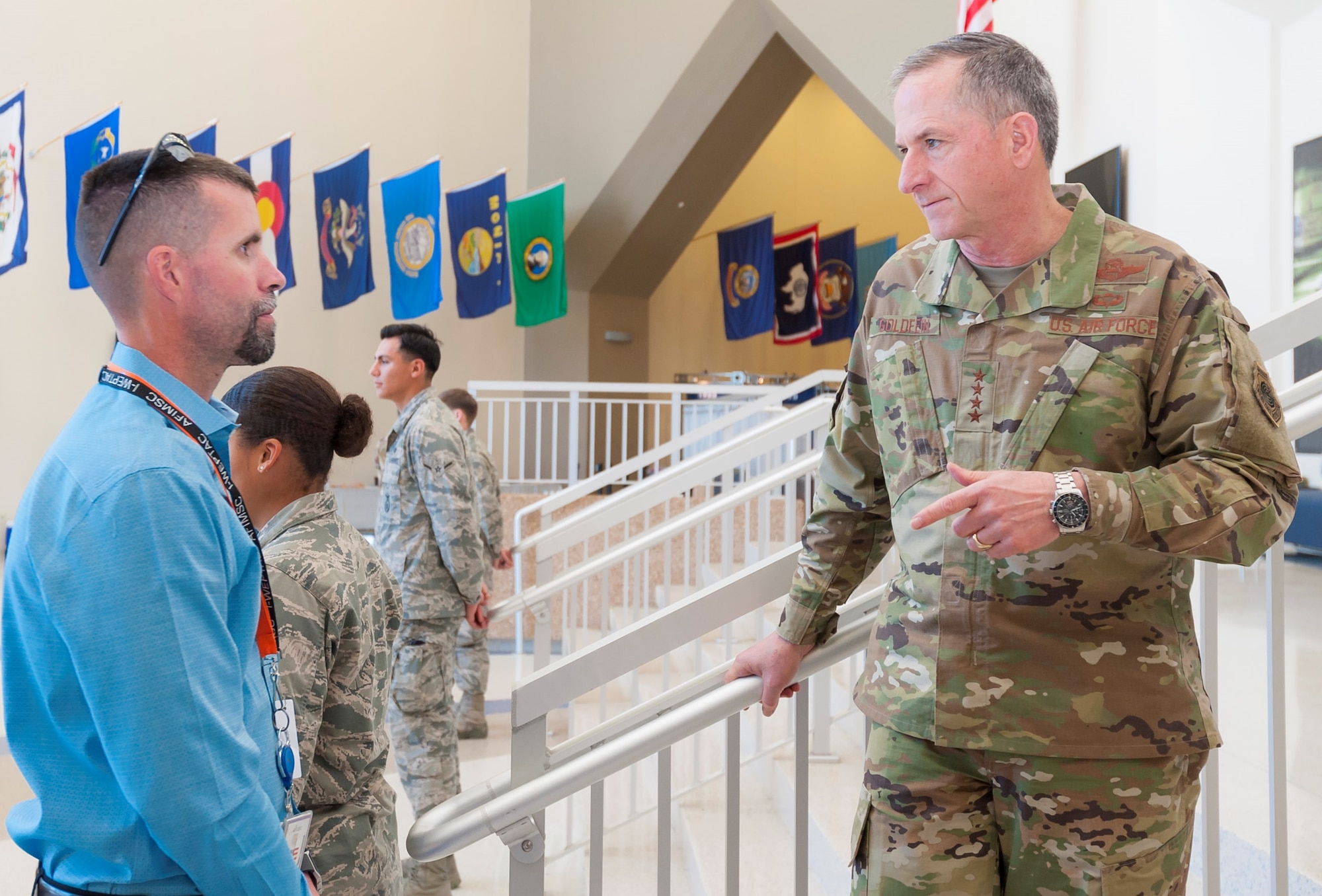 Air Force Chief of Staff Gen. David L. Goldfein talks with Scott Lilley of the Air Force Installation and Mission Support Center Security Office April 8 during a break between briefings at the Installation and Mission Support Weapons and Tactics Conference at Joint Base San Antonio-Lackland, Texas.