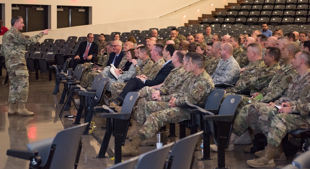 Air Force Chief of Staff Gen. David L. Goldfein gestures toward an attendee during his remarks at the kickoff of the Mission Support Group Leadership Summit at the Installation and Mission Support Weapons and Tactics Conference April 8 at Joint Base San Antonio-Lackland, Texas.