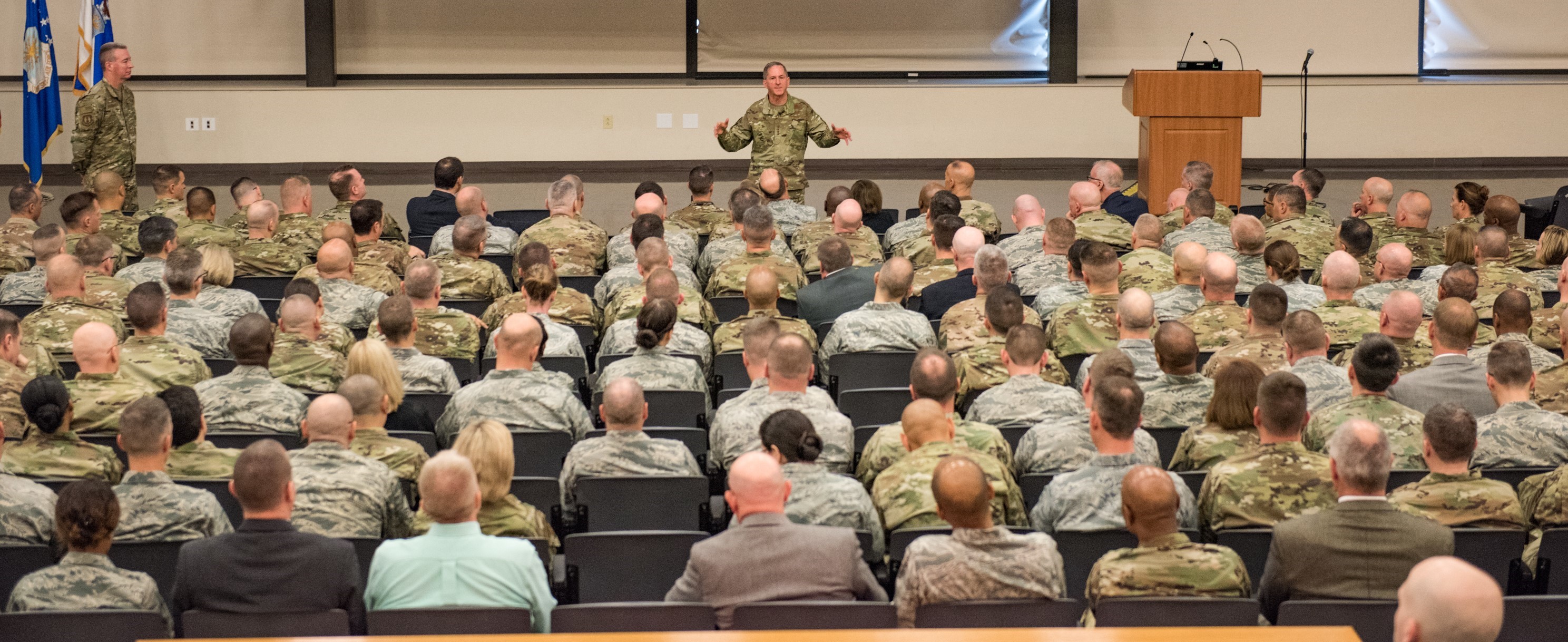 Air Force Chief of Staff Gen. David L. Goldfein briefs Mission Support Leadership Summit attendees at the Installation and Mission Support Weapons and Tactics Conference April 8 at Joint Base San Antonio-Lackland, Texas. More than 200 mission support group commanders and senior enlisted members attended and were able to discuss Air Force installation and resourcing topics with the chief of staff during the question-and-answer session. (U.S. Air Force photo by Andrew C. Patterson)