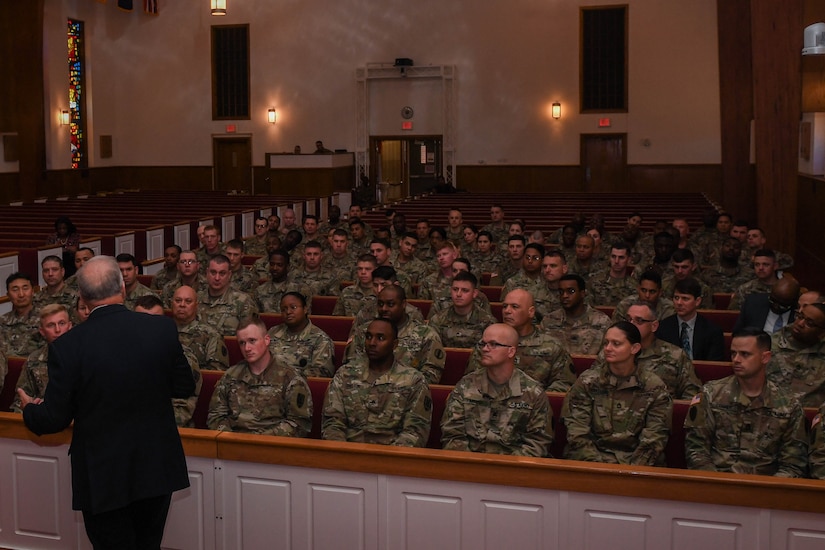 U.S. Army Soldiers attend a Military Life Cycle briefing at Joint Base Langley-Eustis, Virginia, April 3, 2019. Military Life Cycle consists of nine 45- to 60-minute online modules that provides information on service members’ benefits and entitlements during and after their service. (U.S. Air Force photo by Senior Airman Derek Seifert)