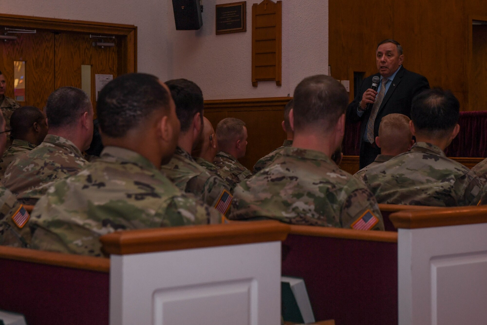 U.S. Air Force retired Chief Master Sergeant Fredrick Finch speaks to U.S. Army Soldiers on a new Veterans Affairs program, Military Life Cycle, at Joint Base Langley-Eustis, Virginia, April 3, 2019. The benefits and entitlements available to service members have not changed; rather, the Military Life Cycle program is a repackaging of how service members can learn what is available to them. (U.S. Air Force photo by Senior Airman Derek Seifert)