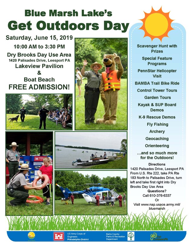 Blue Marsh Lake, owned and operated by the U.S. Army Corps of Engineers, is hosting "Get Outdoors Day" on Saturday, June 15, 2019 from 10:00 a.m. to 3:30 p.m.