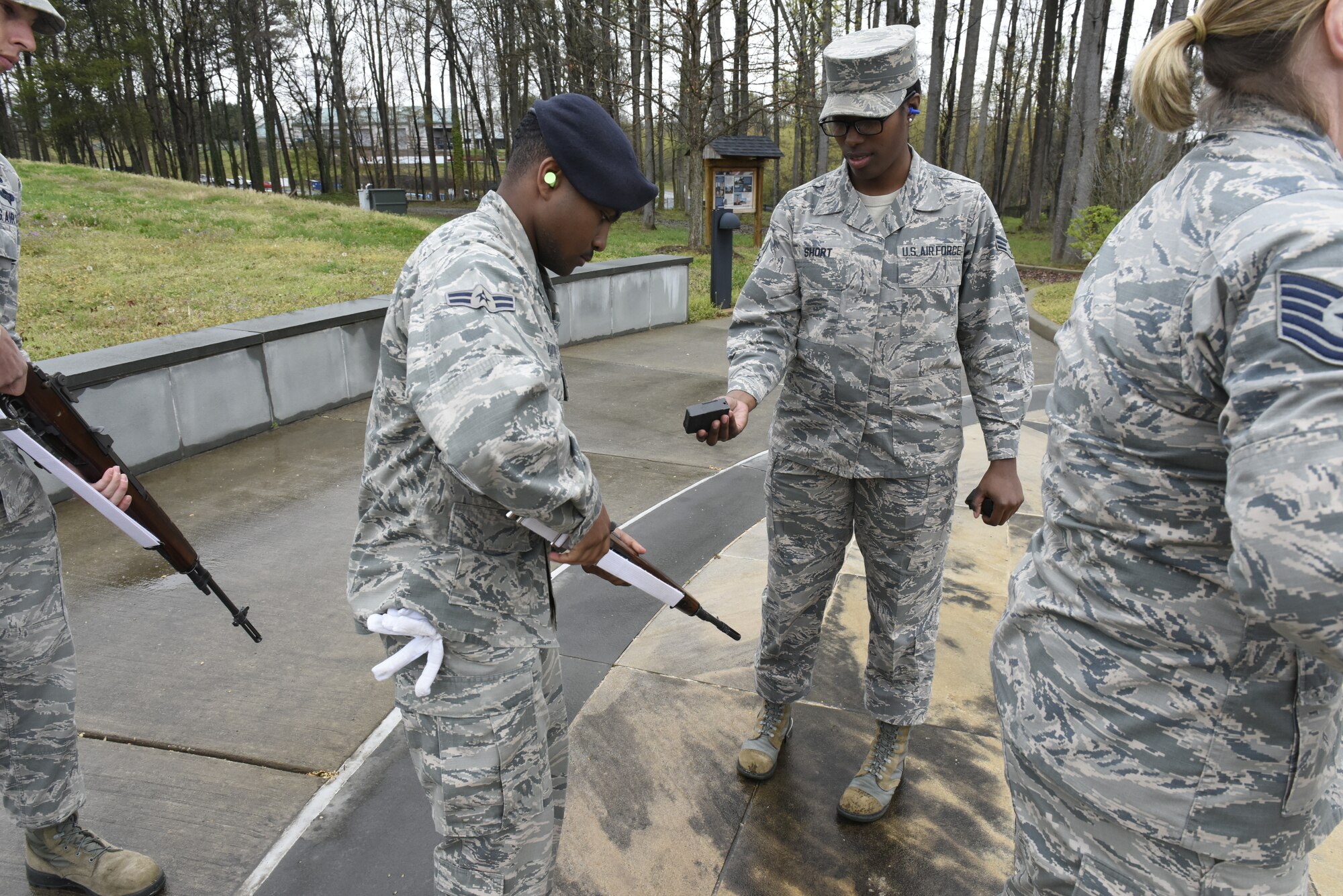 Airmen from the 145th Airlift Wing practice funeral live fire techniques as part of training to become official Air Force Honor Guards, while at the North Carolina Air National Guard Base, Charlotte Douglas International Airport, April 02, 2019. The Air Force Honor Guard is a group of military professionals that represent Airmen to the American public and the world, while maintaining a high standard, a flawless image, and preserving the heritage of our Nations military.