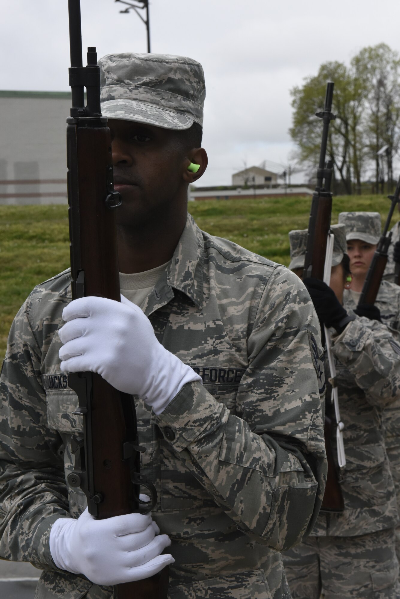 Airmen from the 145th Airlift Wing practice funeral live fire techniques as part of training to become official Air Force Honor Guards, while at the North Carolina Air National Guard Base, Charlotte Douglas International Airport, April 02, 2019. The Air Force Honor Guard is a group of military professionals that represent Airmen to the American public and the world, while maintaining a high standard, a flawless image, and preserving the heritage of our Nations military.