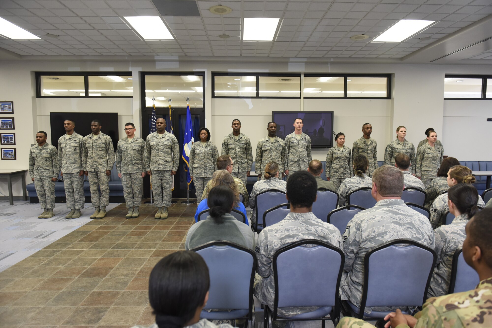 Airmen from the 145th Airlift Wing celebrate the graduation of fourteen members of the unit to the Honor Guard, while at the North Carolina Air National Guard Base, Charlotte Douglas International Airport, April 02, 2019. The Air Force Honor Guard is a group of military professionals that represent Airmen to the American public and the world, while maintaining a high standard, a flawless image, and preserving the heritage of our Nations military.