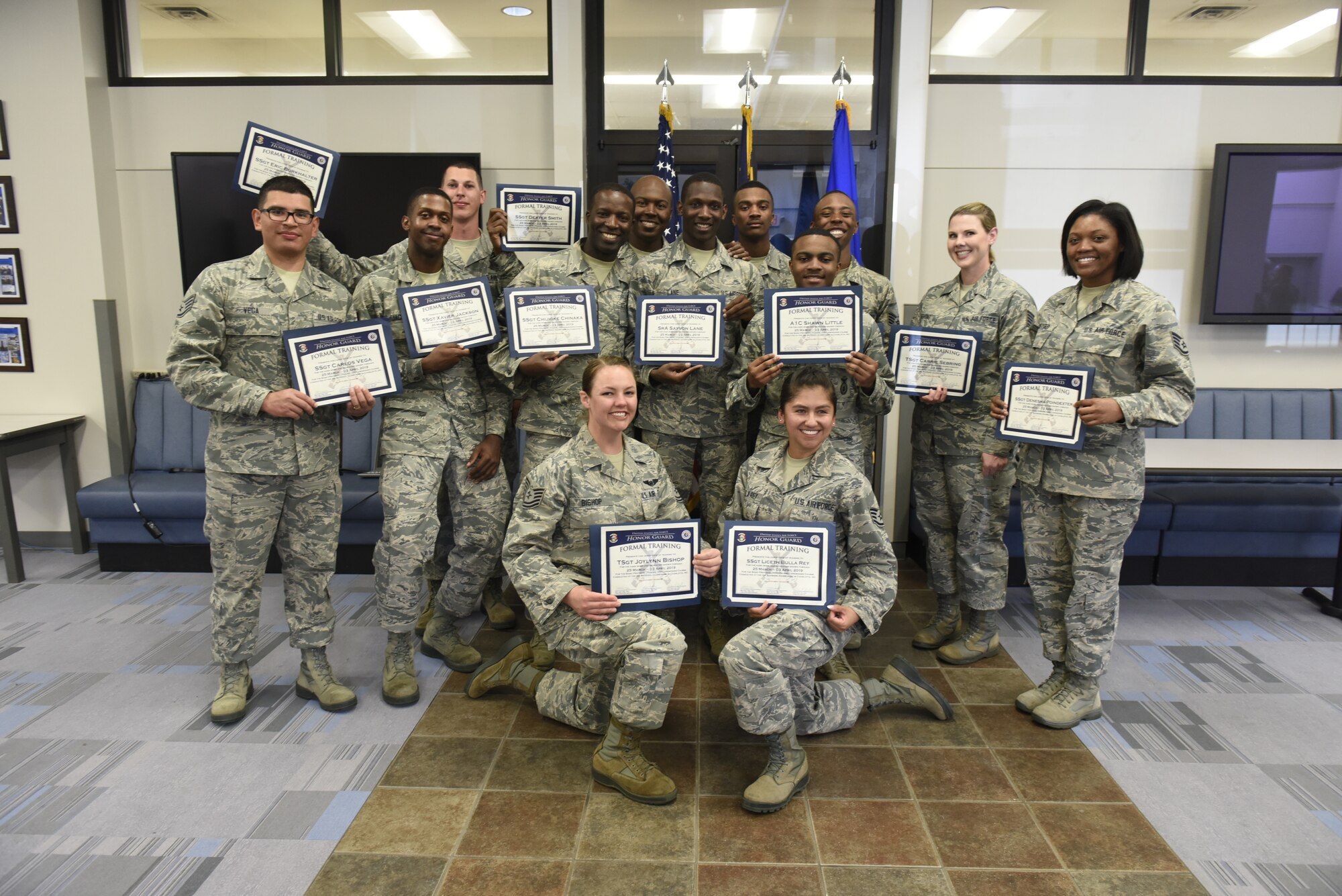 Airmen from the 145th Airlift Wing celebrate the graduation of fourteen members of the unit to the Honor Guard, while at the North Carolina Air National Guard Base, Charlotte Douglas International Airport, April 02, 2019. The Air Force Honor Guard is a group of military professionals that represent Airmen to the American public and the world, while maintaining a high standard, a flawless image, and preserving the heritage of our Nations military.