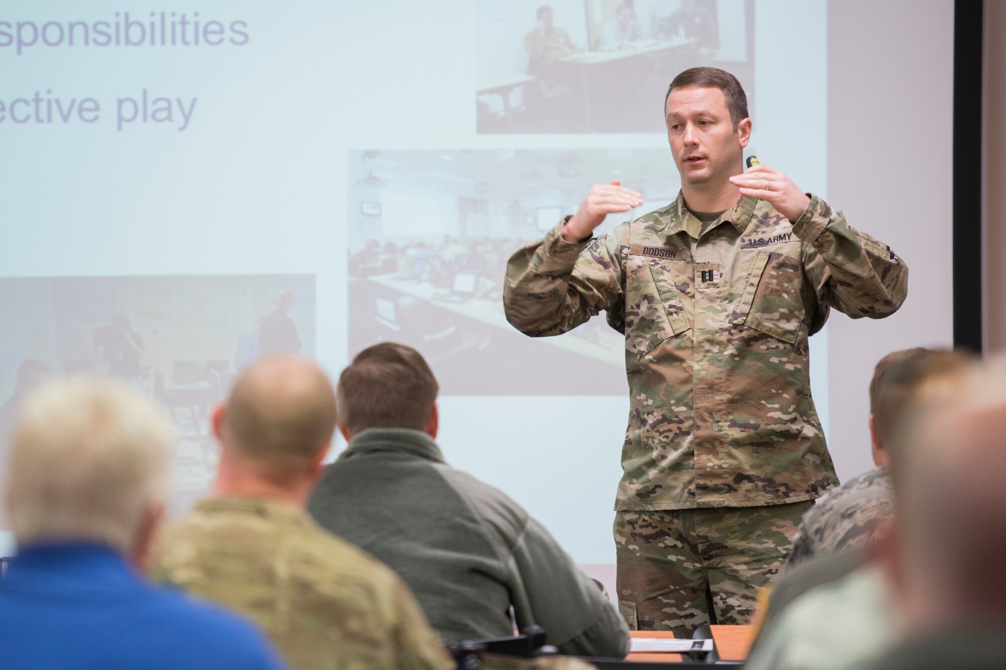 U.S. Army Capt. Joshua Dodson, an operations training officer for the 35th Civil Support Team, West Virgninia National Guard,  leads a discussion during a Homeland Secuirty Exercise and Evaluation Program course held at the 167th Airlift Wing, March 28, 2019. (U.S. Air National Guard  photo by Senior Master Sgt. Emily Beightol-Deyerle)