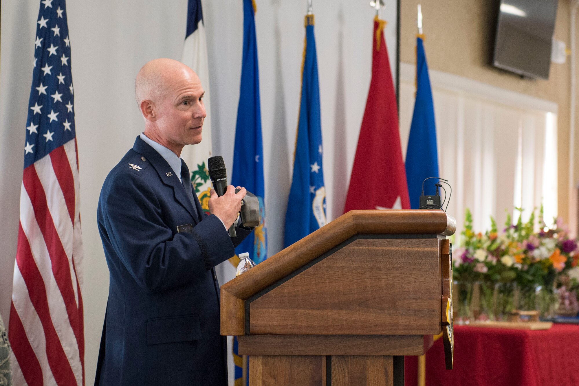 Col. Shaun Perkowski, the former wing commander for the 167th Airlift Wing, addresses the audience at his retirement ceremony at the 167th AW, April 6, 2019. Perkowski was the 167th AW commander from October 2013- October 2018. (U.S. Air National Guard photo by Tech. Sgt. Jodie Witmer)