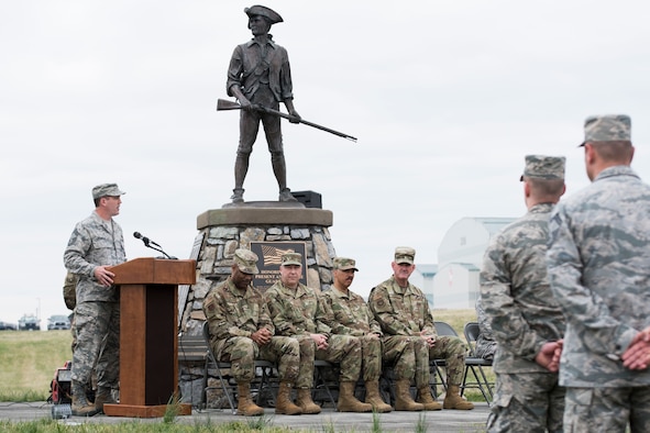 Chief Master Sgt. Troy Brawner, 167th Airlift Wing Command Chief Master Sgt., speaks during his assumption of responsibility ceremony at the 167th AW, April 7, 2019. Brawner took over the role of wing command chief from Command Chief Master Sgt. David Stevens, who recently moved into the role as the command chief for the West Virginia Air National Guard. (U.S. Air National Guard photo by Tech. Sgt. Jodie Witmer)