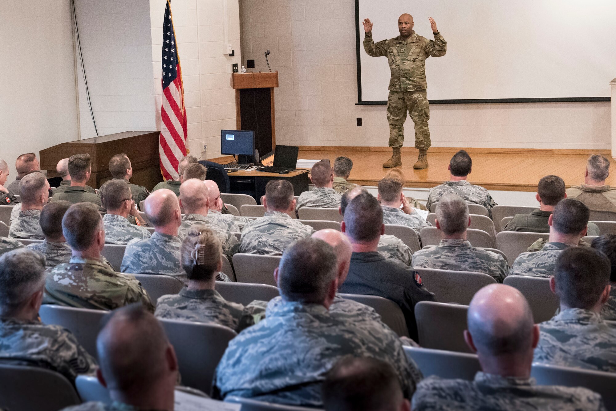 Brig. Gen. Christopher Walker, the West Virginia National Guard’s Assistant Adjutant General- Air, addresses officers and supervisors at the 167th Airlift Wing, April 7, 2019. Walker discussed his vision and expectations of the wing, as well as the wing’s role in support of the National Defense Strategy. (U.S. Air National Guard photo by Tech. Sgt. Jodie Witmer)