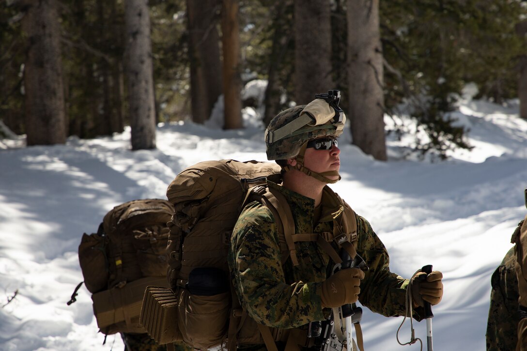 A U.S Marine with Company G, 1st Battalion, 6th Marine Regiment, 2nd Marine Division, hikes during Mountain Training Exercise (MTX) 2-19, at Marine Corps Mountain Warfare Training Center, Bridgeport, Calif., March 24, 2019.   The purpose of MTX is to prepare Marines for harsh weather conditions while enhancing winter warfare skills in cold weather environments. (U.S. Marine Corps photo by Pfc. Christy Yost)