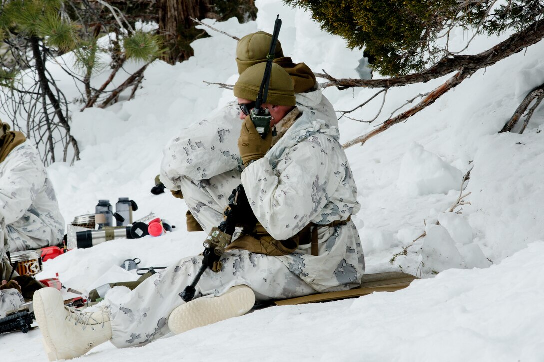 U.S Marine Corps Cpl. Graham Blunt, squad leader, 1st Battalion, 6th Marine Regiment, 2nd Marine Division, operates a handheld PRC-152 tactical radio, during Mountain Training Exercise (MTX) 2-19, at Marine Corps Mountain Warfare Training Center, Bridgeport, Calif., March 22, 2019. The purpose of MTX is to prepare Marines for harsh weather conditions while enhancing winter warfare skills in cold weather environments. (U.S. Marine Corps photo by Pfc. Christy Yost)