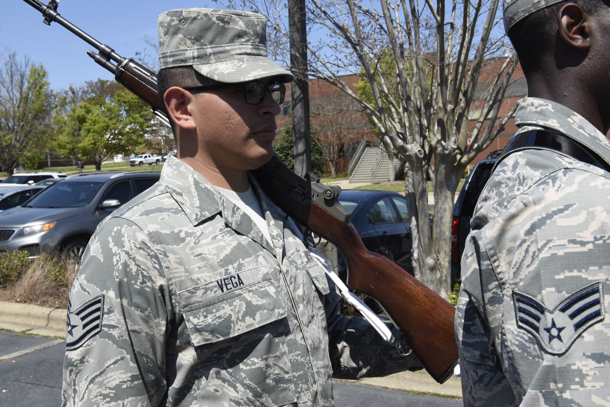 Airmen from the newly graduated 145th Airlift Wing Honor team practice drill and ceremony movements in preparation for upcoming ceremonies and events, while at the North Carolina Air National Guard Base, Charlotte Douglas International Airport, April 04, 2019. The Air Force Honor Guard is a group of military professionals that represent Airmen to the American public and the world, while maintaining a high standard, a flawless image, and preserving the heritage of our Nations military.