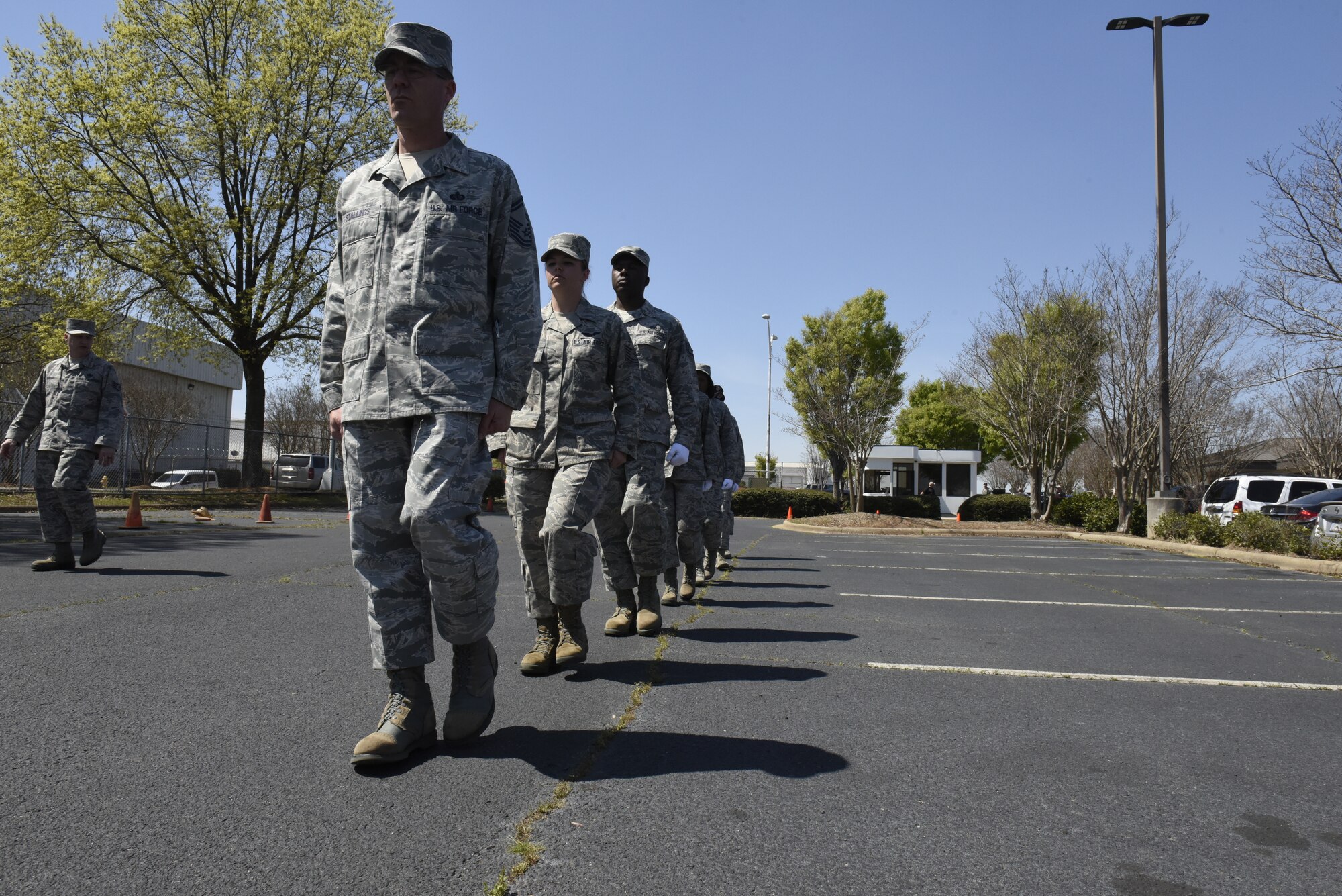 Airmen from the newly graduated 145th Airlift Wing Honor team practice drill and ceremony movements in preparation for upcoming ceremonies and events, while at the North Carolina Air National Guard Base, Charlotte Douglas International Airport, April 04, 2019. The Air Force Honor Guard is a group of military professionals that represent Airmen to the American public and the world, while maintaining a high standard, a flawless image, and preserving the heritage of our Nations military.