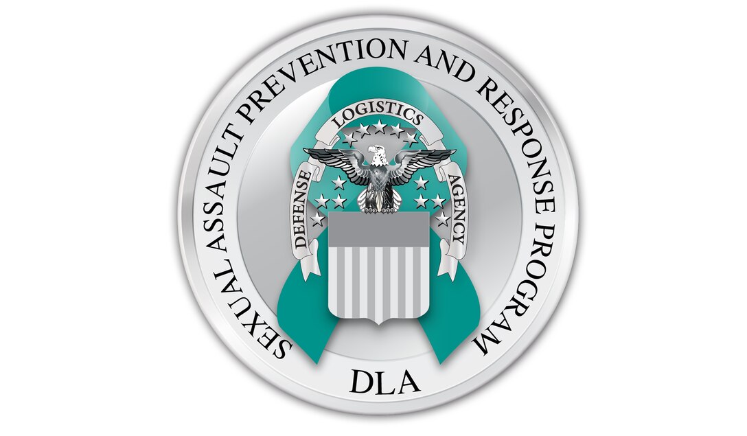 The DLA SAPR emblem is a sliver coin and a silver DLA emblem over a teal ribbon encircled by the words "DLA Sexual Assault Prevention and Response Program"