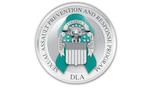 The DLA SAPR emblem is a sliver coin and a silver DLA emblem over a teal ribbon encircled by the words "DLA Sexual Assault Prevention and Response Program"