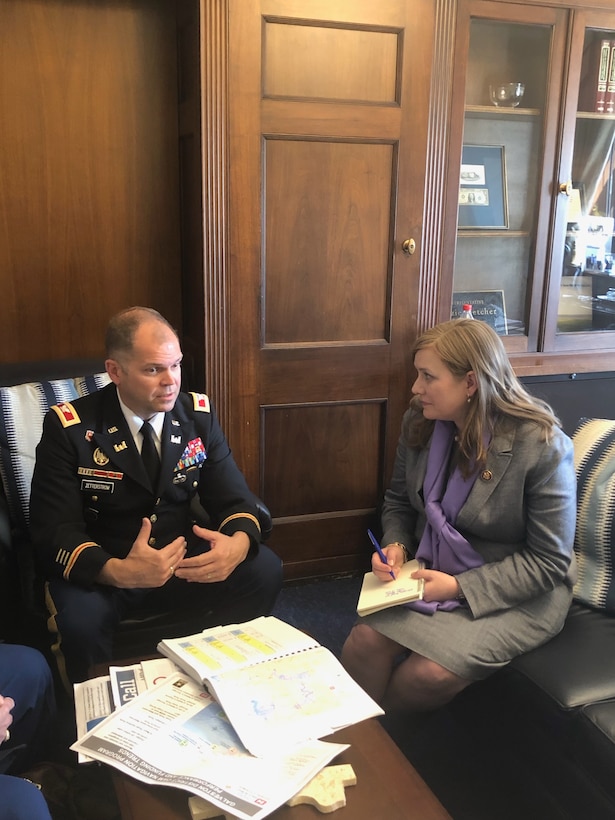 Col. Lars Zetterstrom, Galveston District commander takes time to visit with Rep. Lizzie Fletcher during an April 4th meeting in Washington D.C.  Fletcher was able to learn more about the Buffalo Bayou Tributaries and Resiliency Study public meetings.  Five public meetings are scheduled in Houston for late April and early May. The study begins the first steps in exploring a possible third reservoir, tunneling and increasing capacity through excavation to reduce flooding in and around the Addicks and Barker Reservoirs.  District senior leaders met with 16 southeast and south Texas representatives from April 1-5 during Texas Water Days.