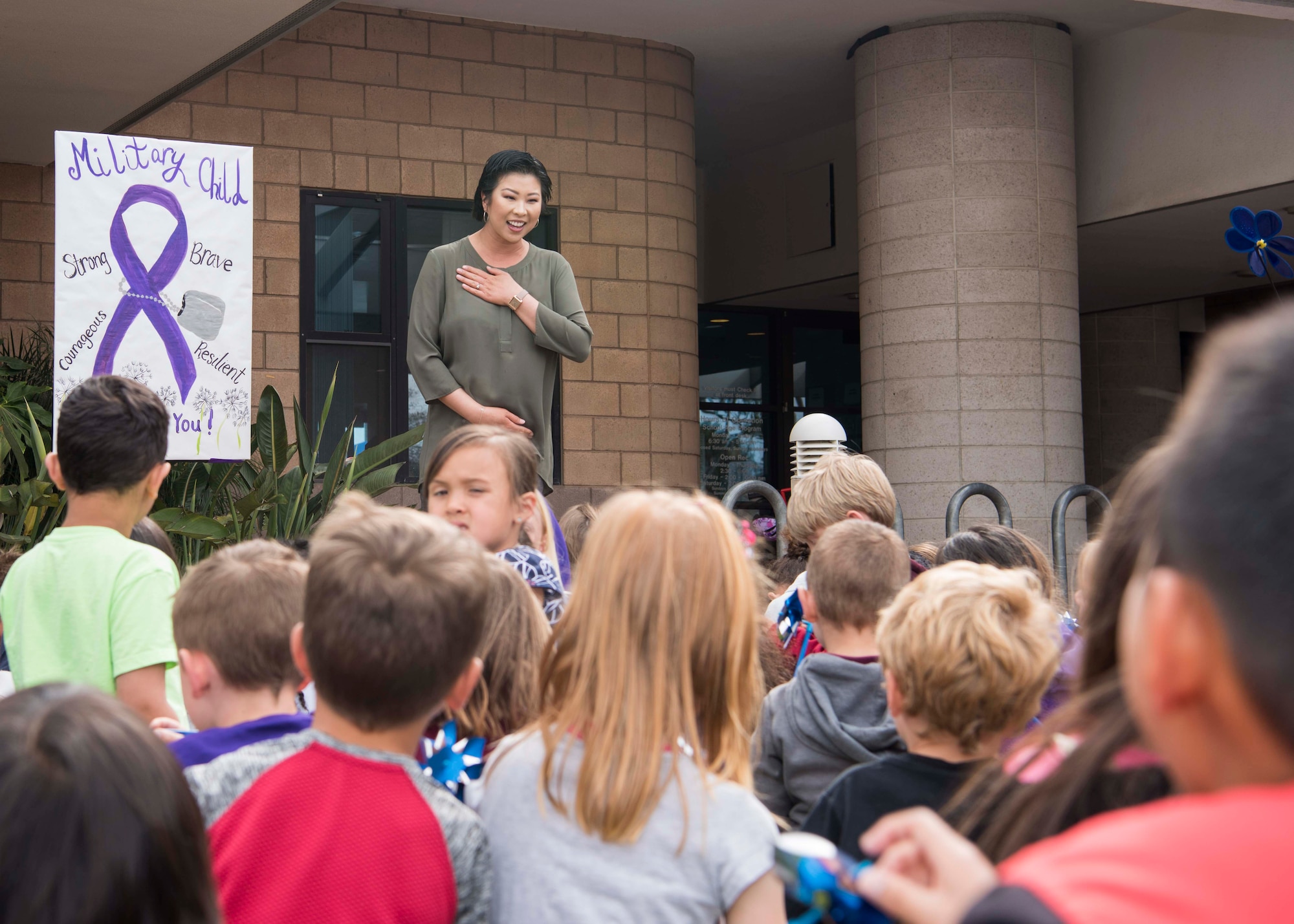 Christina Thammasen, 30th Force Support Squadron family advocacy outreach manager, educates children as part of Month of the Military Child and Child Abuse Awareness and Prevention Month, April 1, 2019, at Vandenberg Air Force Base, Calif. It is a tradition that Vandenberg Youth Programs and the Family Advocacy Program come together to honor our military youth as well as highlight the important role everyone plays in serving children in the community.