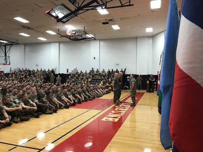 On April 5, 2019 a modified Relief and Appointment Ceremony was held in the Courthouse Bay Gym between Sergeant Major Jason E. Haney (outgoing MCES SgtMaj) and Sergeant Major Lance M. Oufnac (incoming MCES SgtMaj).