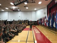 On April 5, 2019 a modified Relief and Appointment Ceremony was held in the Courthouse Bay Gym between Sergeant Major Jason E. Haney (outgoing MCES SgtMaj) and Sergeant Major Lance M. Oufnac (incoming MCES SgtMaj). SgtMaj Oufnac delivers his remarks to the Marines, civilians, contractors, friends, and family in attendance.
