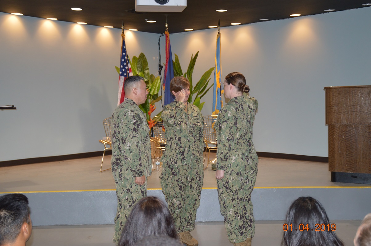 Right Navy Cmdr Angela Watson Saluted The Presiding Official Navy Capt Kristin Acquavella Commander Of Dla Indo Pacific After Assuming Command Of Defense Logistics Agency Energy South West Pacific During A Ceremony At The United Service