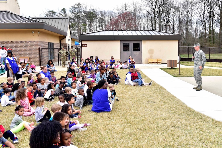 Col. Andrew Purath, 11th Wing and Joint Base Andrews commander, provides opening remarks at the ribbon cutting for the new playground at the Child Development Center 2 on Joint Base Andrews, Md., April 4, 2019. The playground is available for children from the ages of three to five years old. (U.S. Air Force photo by Airman 1st Class Noah Sudolcan)