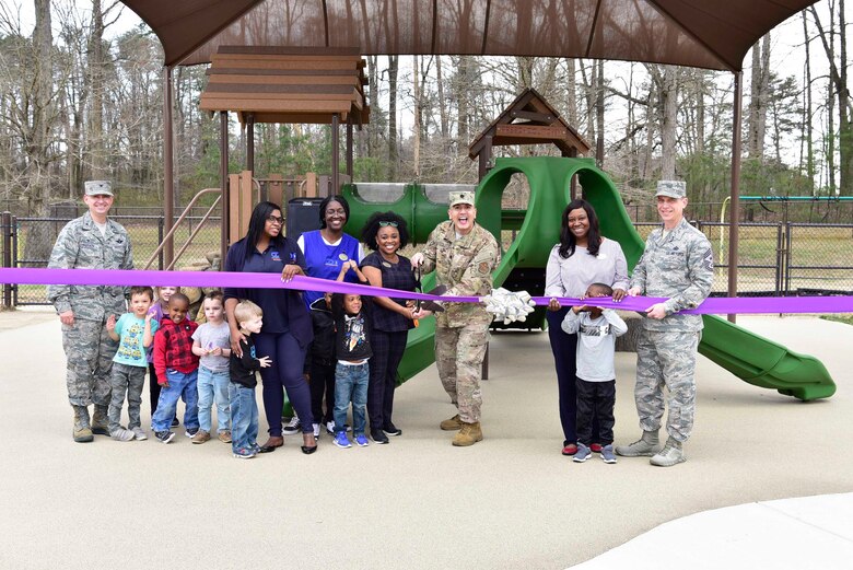 Joint Base Andrews leadership cut the ribbon unveiling the new playground at the Child Development Center 2 here April 4, 2019. The playground is available for children from the ages of three to five years old. (U.S. Air Force photo by Airman 1st Class Noah Sudolcan)