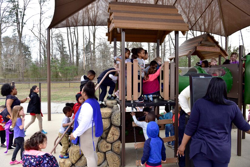Kids play on the new playground at the Child Development Center 2 on Joint Base Andrews, Md., April 4, 2019. The playground is available for children from the ages of three to five years old. (U.S. Air Force photo by Airman 1st Class Noah Sudolcan)