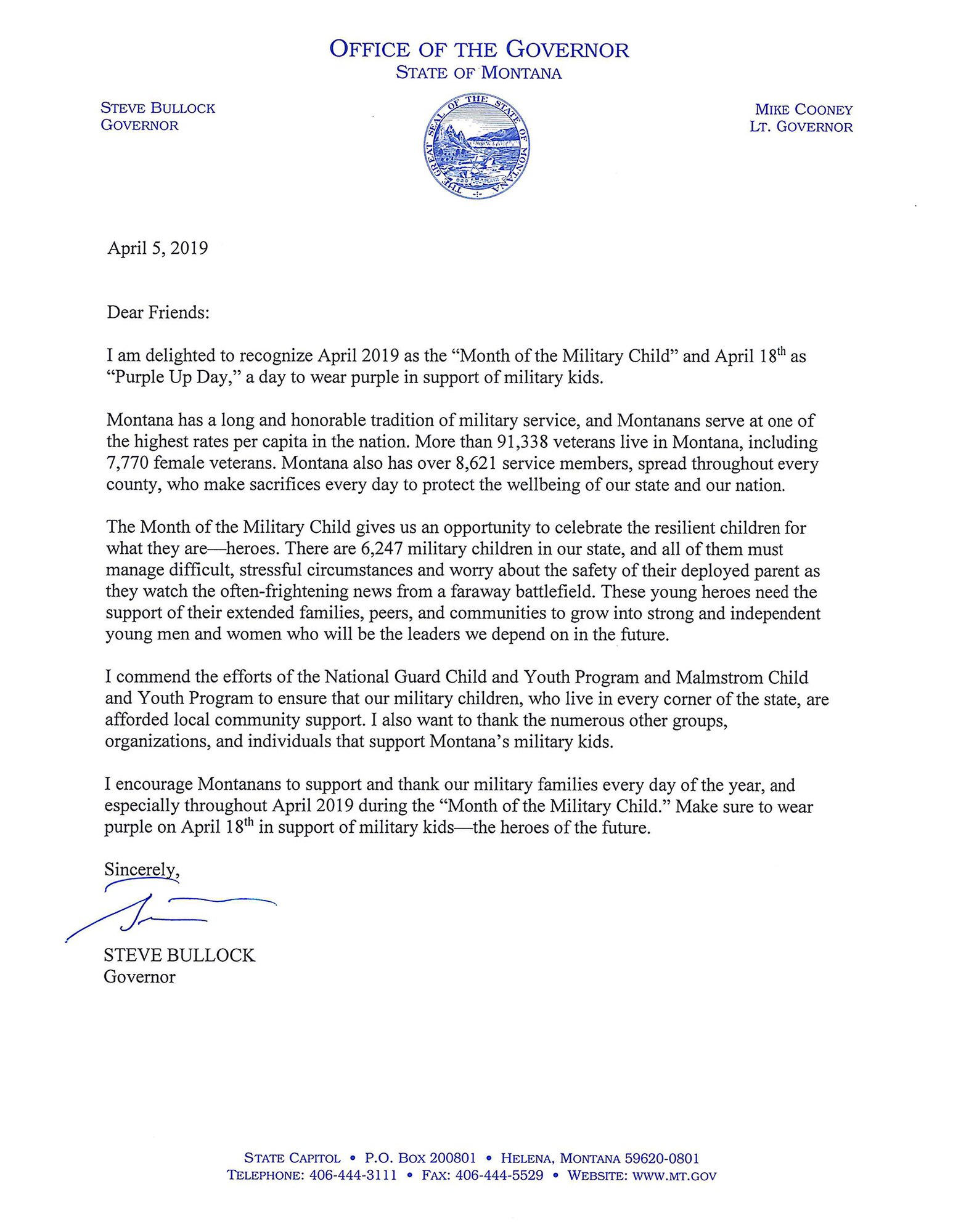 Montana Governor Steve Bullock's letter signed April 5, 2019 recognizes April 2019 as the Month of the Military Child; and April 18 as "Purple Up Day" to wear purple in support of military children.