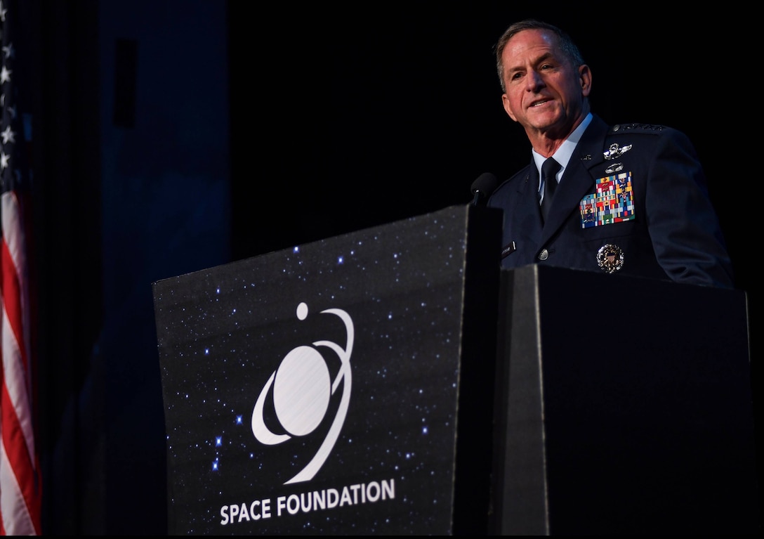 Air Force Chief of Staff Gen. David L. Goldfein emphasized the importance of allies and partners during a speech April 9, 2019, at the 35th Space Symposium in Colorado Springs, Colo. “We prefer the power of collaboration over coercion” to maintain space dominance, Goldfein said. (U.S. Air Force photo by Airman 1st Class Michael Mathews)