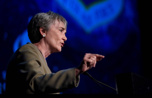 Secretary of the Air Force Heather Wilson emphasized the importance of the U.S. maintaining its dominance in space during a speech April 9, 2019, at the 35th Space Symposium in Colorado Springs, Colo. “America is the best in the world at space, and our adversaries know it,” she said. (U.S. Air Force photo by Airman 1st Class Michael Mathews)